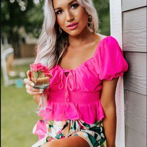 She + Sky cropped smocked on/off shoulder top szM